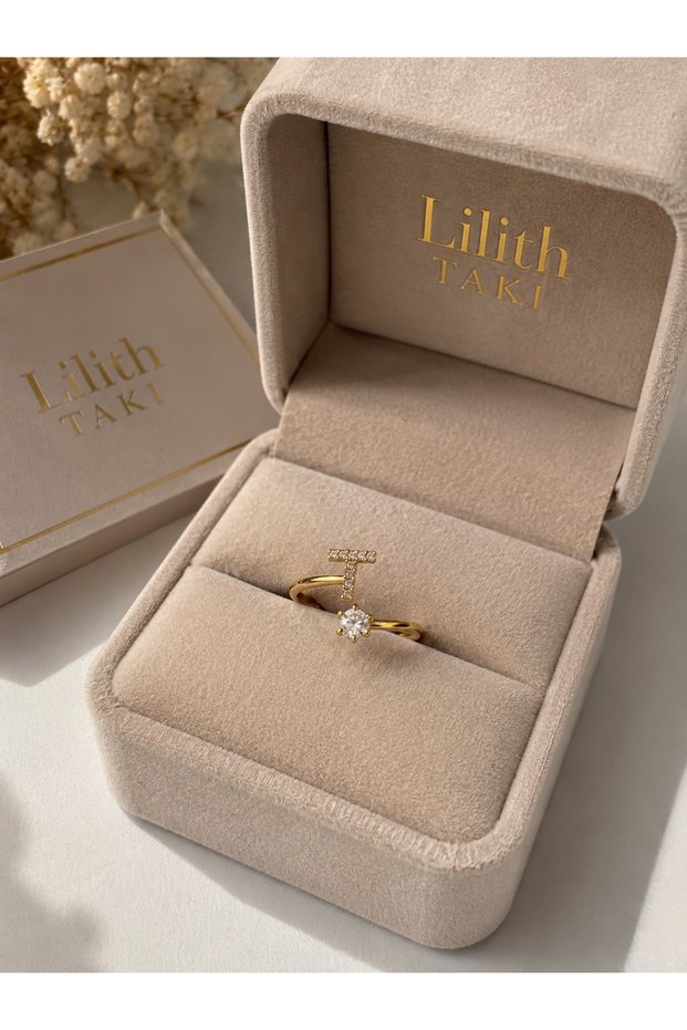 Adjustable Gold Color Steel Ring with Letter t and Zircon Stone – Minimal Elegant Women's Ring