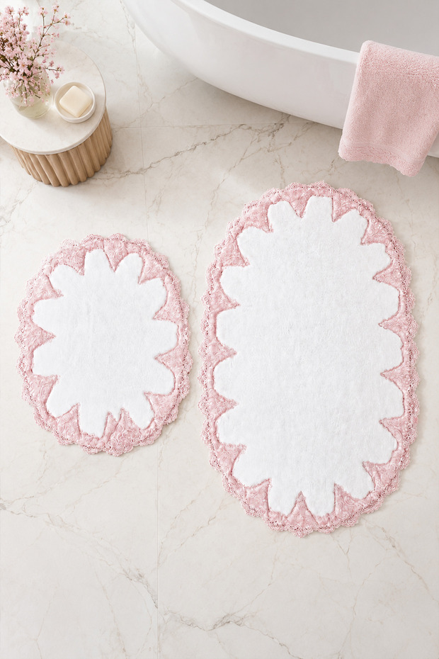 Lace 2-Piece Non-Slip Base Bath Mat Set, Lace Washable Bath Set Akira