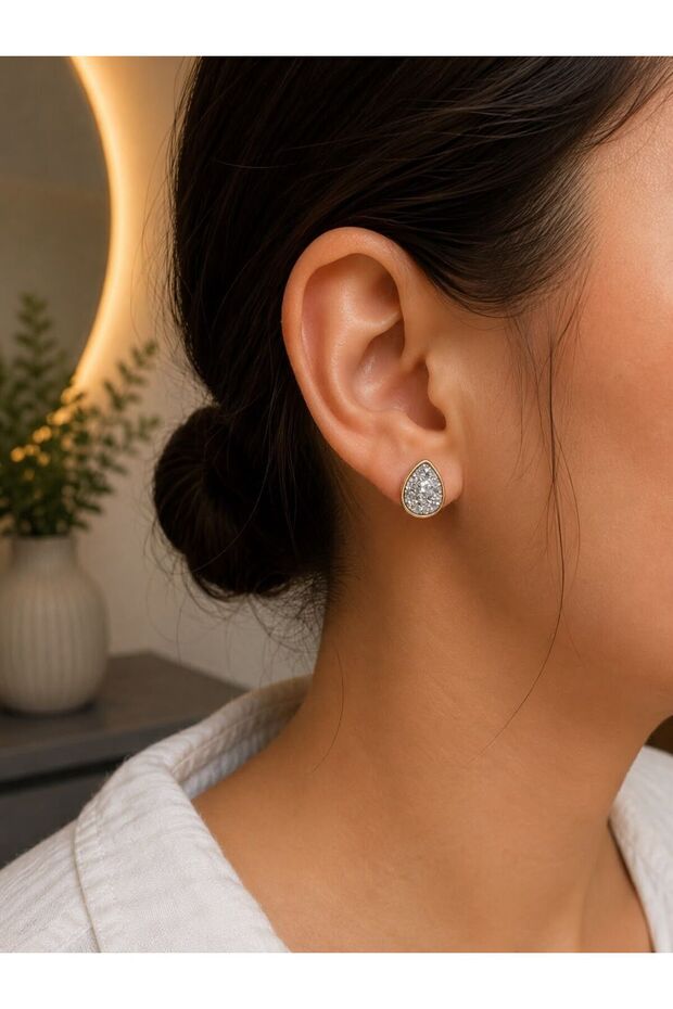 Drop Shaped Crystal Stone Gold Earrings