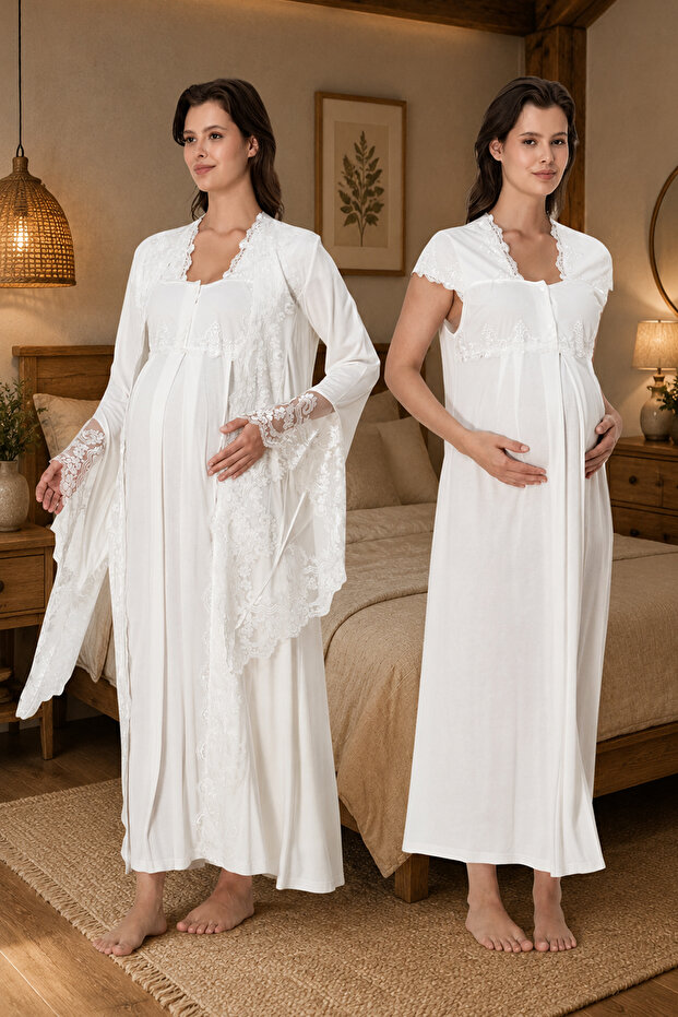 Princess Lace Dressing Gown Cotton Maternity Nightgown Set