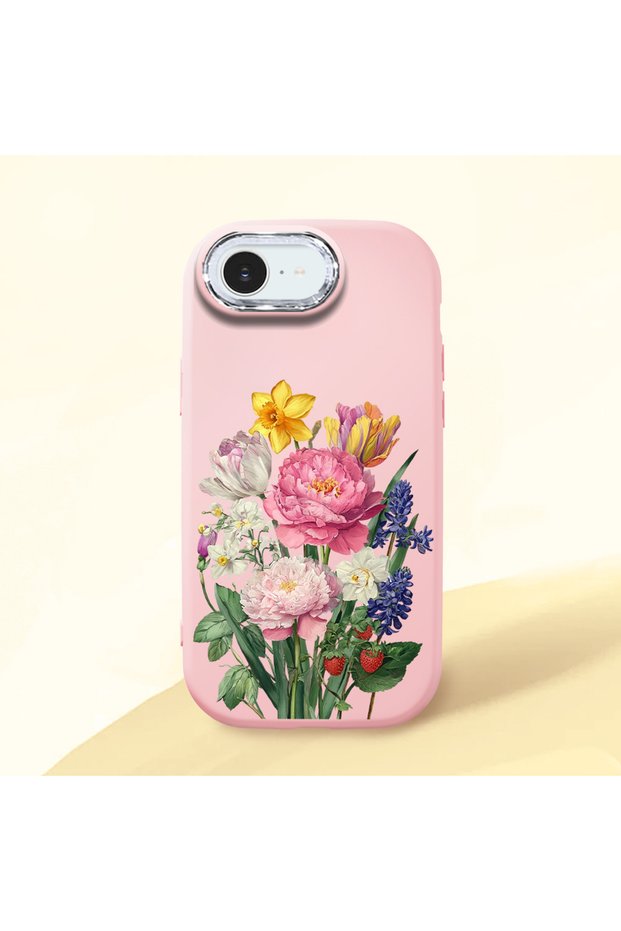 iPhone 16E Compatible Case with Camera Protector Pink Silicone Couple Phone Case with Floral Pattern