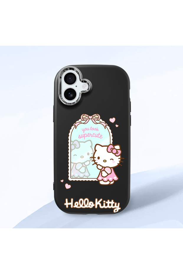 iPhone 16 Plus Compatible Case with Camera Protector Black Silicone Couple Phone Case with Kitty Pattern