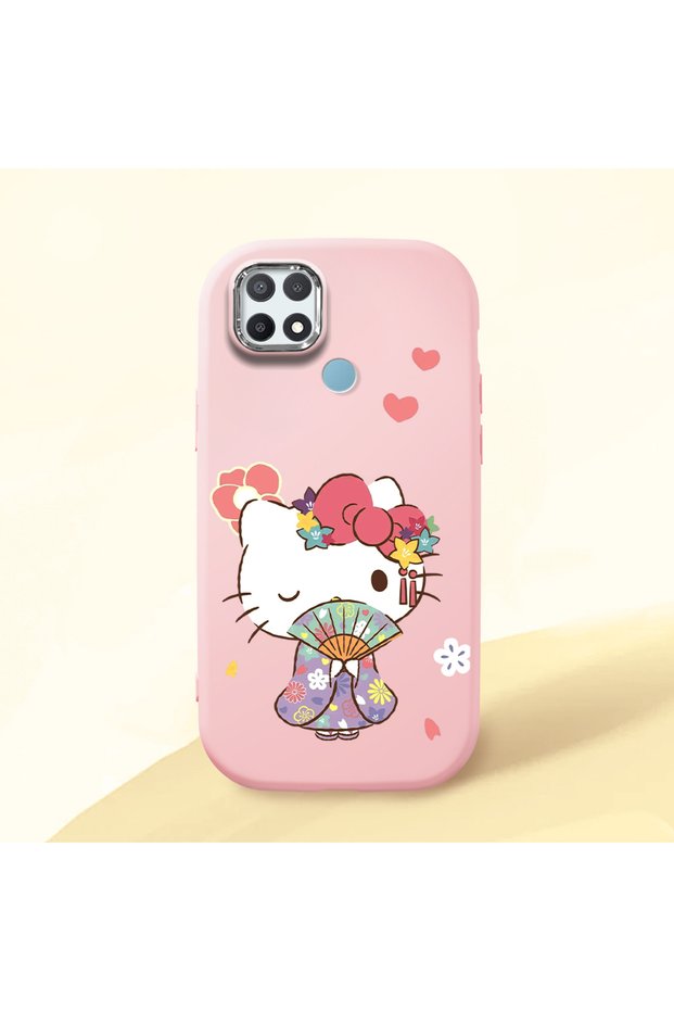 Oppo A15S Compatible Case Camera Protector Pink Silicone Couple Phone Case with Kitty Pattern