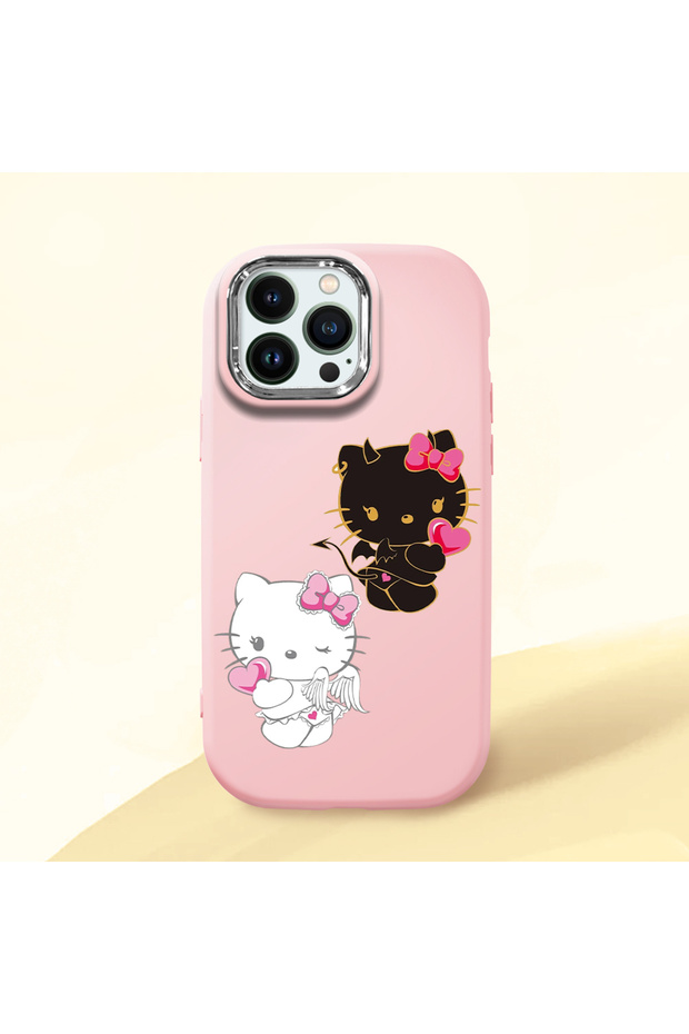 iPhone 14 Pro Compatible Case with Camera Protector Pink Silicone Couple Phone Case with Kitty Pattern