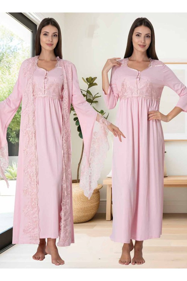 Dvina Maternity Lace Detailed Dressing Gown and Long Sleeve Nightgown - Set of 2 - Pink