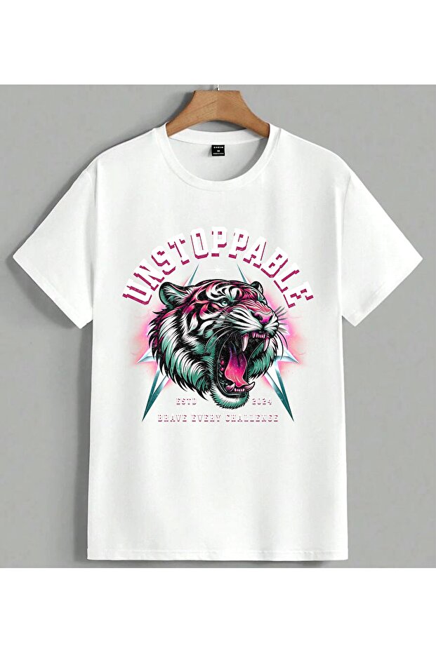 Tiger Design Neon Art Printed Unisex Oversize T-Shirt White