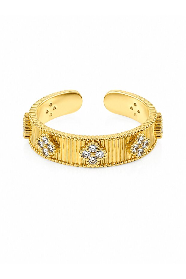 Brass Gold Color Zircon Stone Clover Embroidered Adjustable Ring