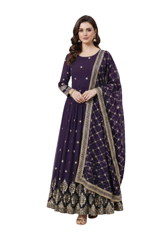 Purple Faux Georgette Embroidered Gown with Dupatta - FFT7349 | Purple-Size:XL-42-Inches