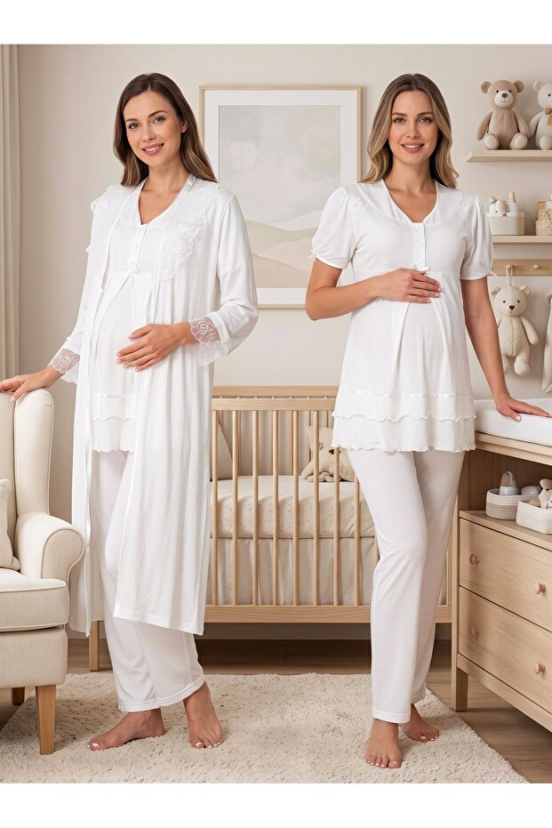 New Season Ecru Summer Lace Detailed Design Buttoned Short Sleeve Maternity Pajama Set 3-Piece Set