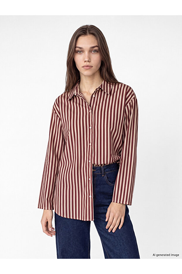 Lcw Modest Burgundy Striped Women's Shirt Tunic