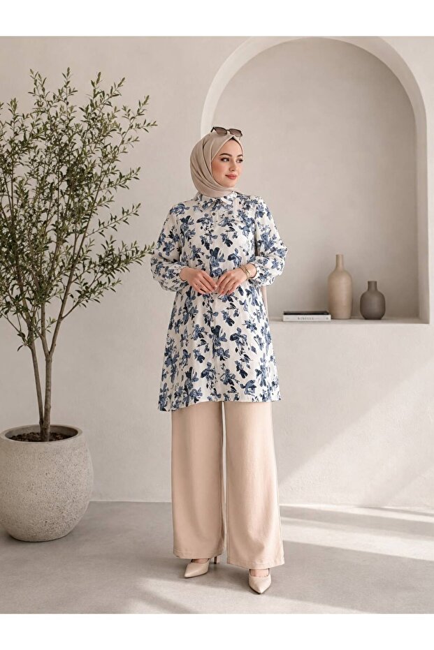 Women's Tunic Pants Suit in Viscose Fabric with Shirt Collar