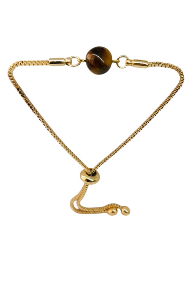 Natural Stone Tiger's Eye Beaded, Gold Color Bracelet Adjustable to Fit the Wrist.