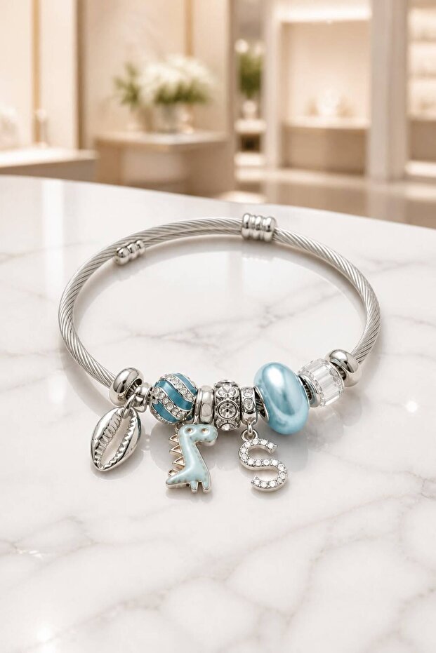 Multiple Charm Steel Bracelet with Letters and Dinosaur Figures - Adjustable Bracelet with Shell Detail