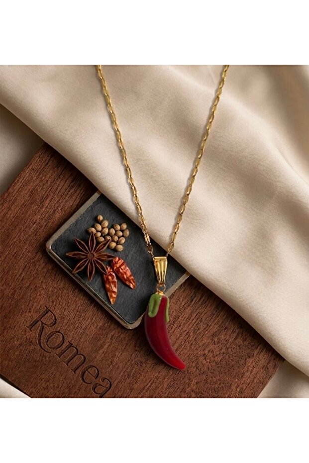 Elegant Steel Necklace with Red Pepper Theme