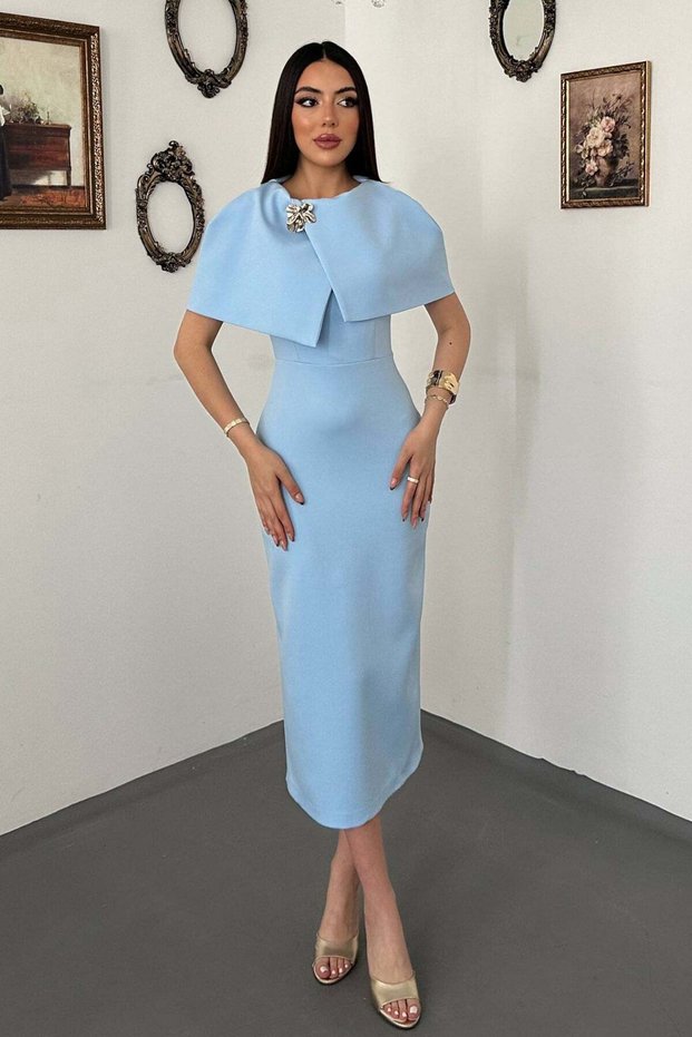 Women's Blue Midi Pencil Dress with Cape, Single Buckle Lined Event Dress