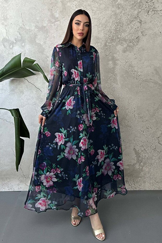 Women's Navy Blue Floral Patterned Chiffon Shirt Collar Belted Long Sleeve Maxi Dress