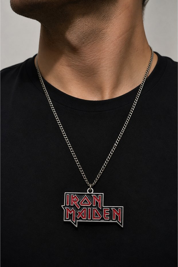 Iron Maiden Logo Red Black Metal Necklace Gift for Rock Music Enthusiasts