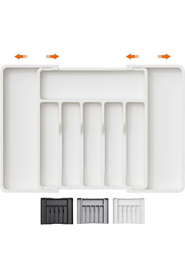 Kitchen utensil tray with extendable drawer and 8 compartments; practical utensil storage box for spoons, forks, and knives - white.