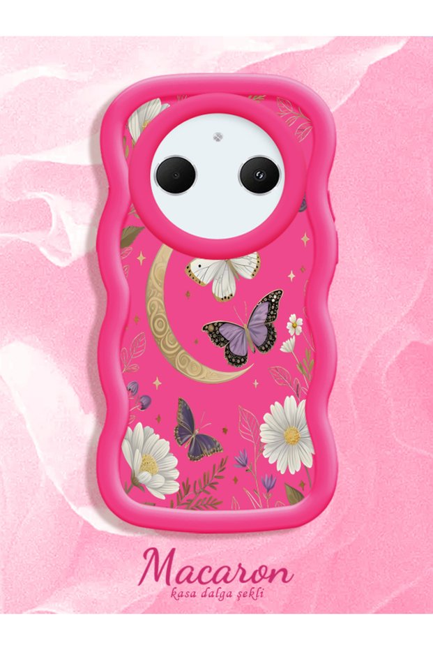 Redmi A3 Pro Compatible Wavy Frame Moon Butterfly and Flower Pattern Silicone Phone Case