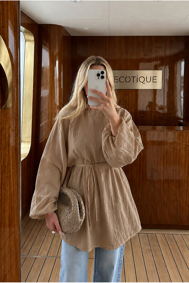 Balon Sleeve Oversize Tunic Shirt with Waist Tie, Comfortable Fit, Back Zipper, Modal White