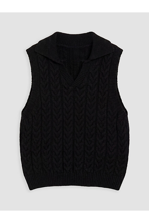 Polo Collar Patterned Girl's Knit Sweater