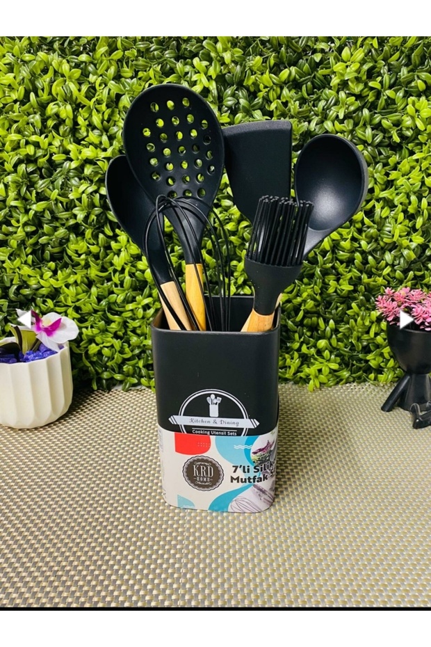 7 Piece Silicone Kitchen Utensil Set with Wooden Handle | Heat Resistant | Bpa Free | Kitchen Utensils with Stand