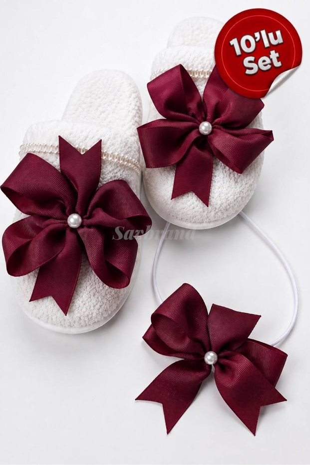 Bowknot and Pearl Maternity Slippers and Crown Set, 10-Piece – for Hospital Discharge, Baby Shower, and Birth Photo Shoots