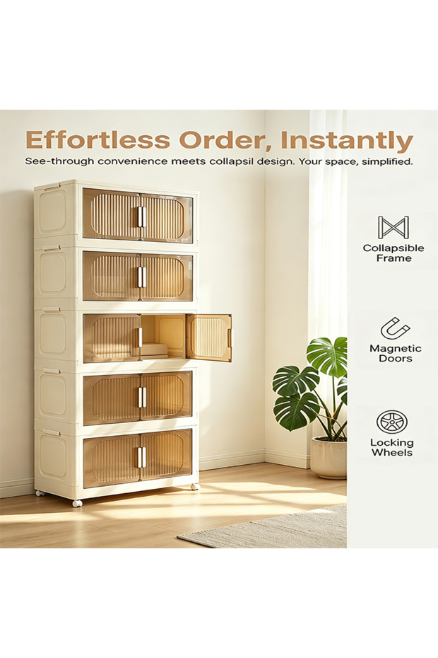 45cm Width 5 Layers Double Doors Transparent Panels with Oval Pattern Design White Handles Foldable Plastic Storage Cabinet with Wheels