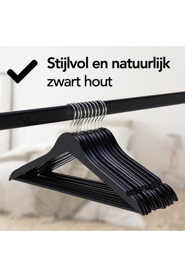 10 Wooden Clothes Hangers Black - Clothes Hanger - Notch and Trouser Bar - Metal Hook - Adults - 10 Pieces - Black