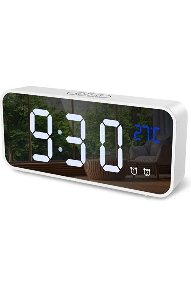 Digital alarm clock, mini digital clock, LED alarm, thermometer function, snooze function, 2 alarms, 12/24-hour format, USB powered (white).