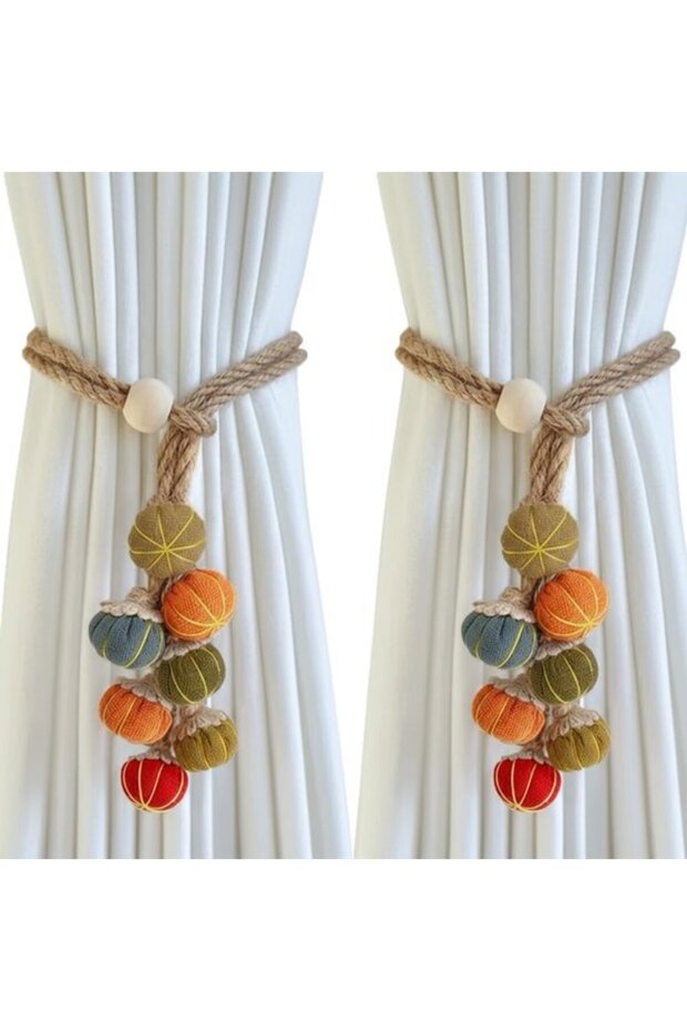 2-Pack Natural Jute & Cotton Hand-Woven Rustic Bohemian Curtain Tiebacks - Pumpkin Style