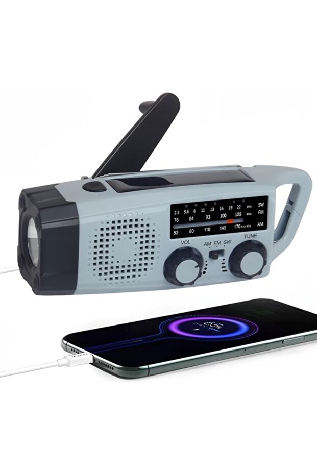 Emergency solar handheld radio, 2000mAh AM/FM receiver with headphone jack LED flashlight USB phone charger SOS