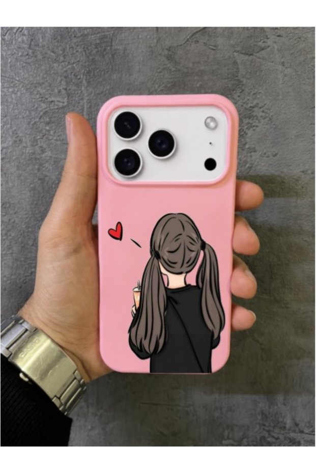 iPhone 17 Pro Max Compatible Black Outfit Heart Girl Patterned Pink Case