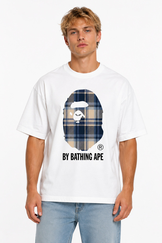 Unisex Women's Men's Bape Burb Plaid Blue Beige Front Printed Oversized Thick Fabric Relaxed Fit T-Shirt
