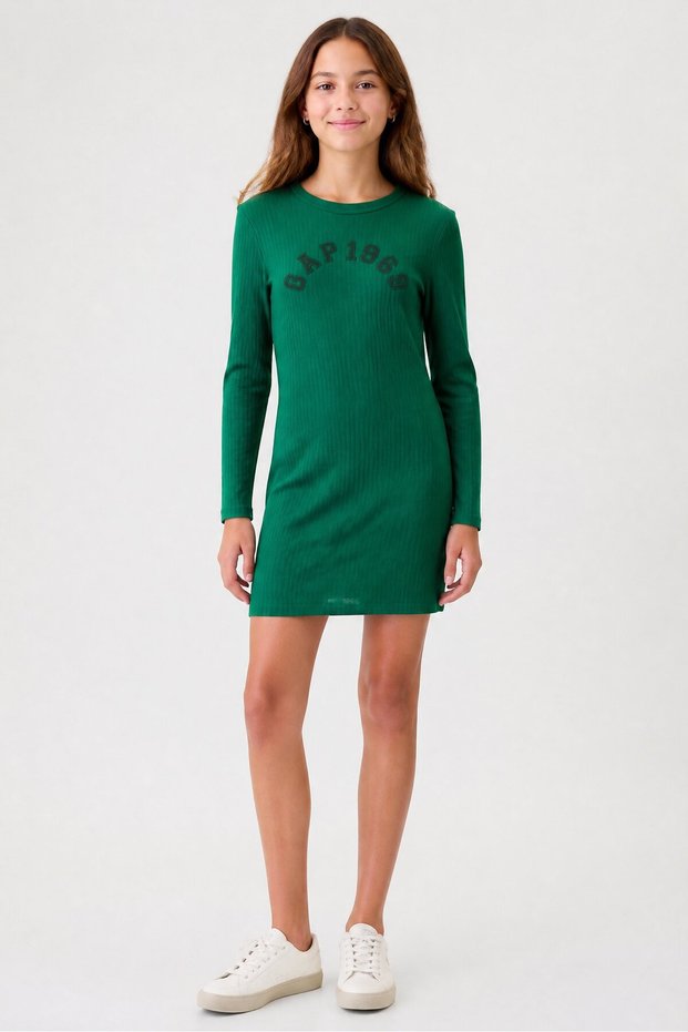 Kids Girl Embroidered Long Sleeve Dress, Green