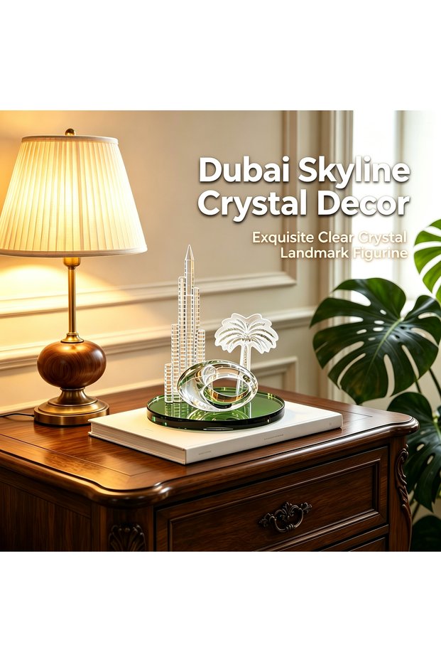 UAE Dubai Skyline Clear Crystal Figurine Ornament with Green Round Base. Great travel souvenir & elegant home, office, bookshelf & desk decor.