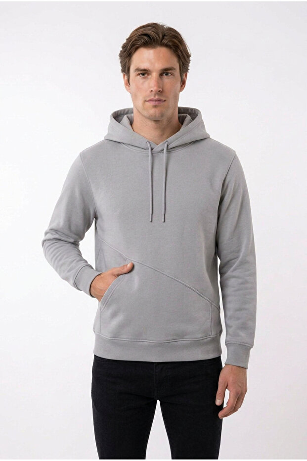 Men's Light Gray Hooded Sweatshirt with Side Pockets and 3-Thread Fleece Inside
