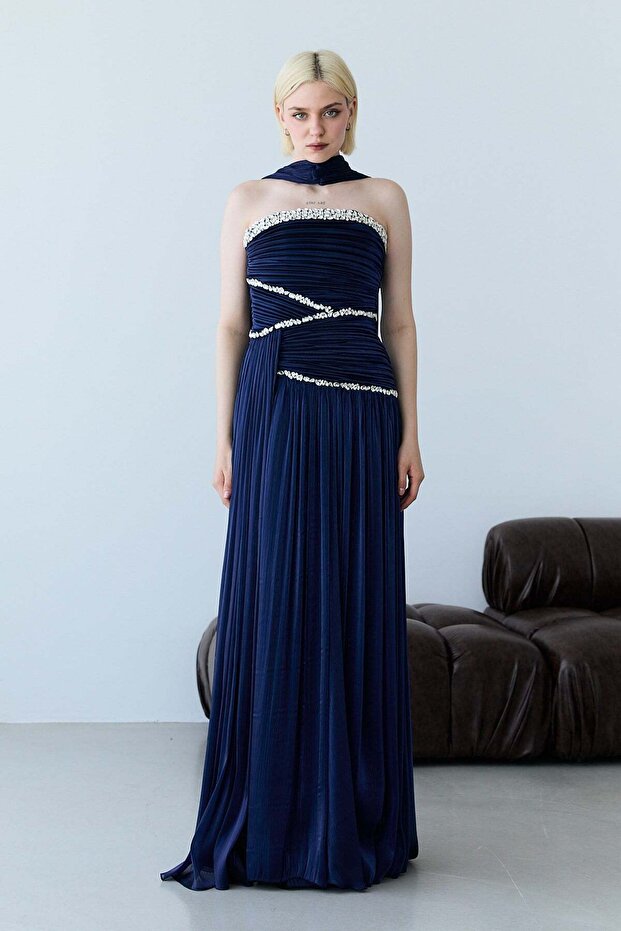 Navy Blue Strapless Crystal Stone Embroidered Draped Shawl Detailed Long Evening Dress