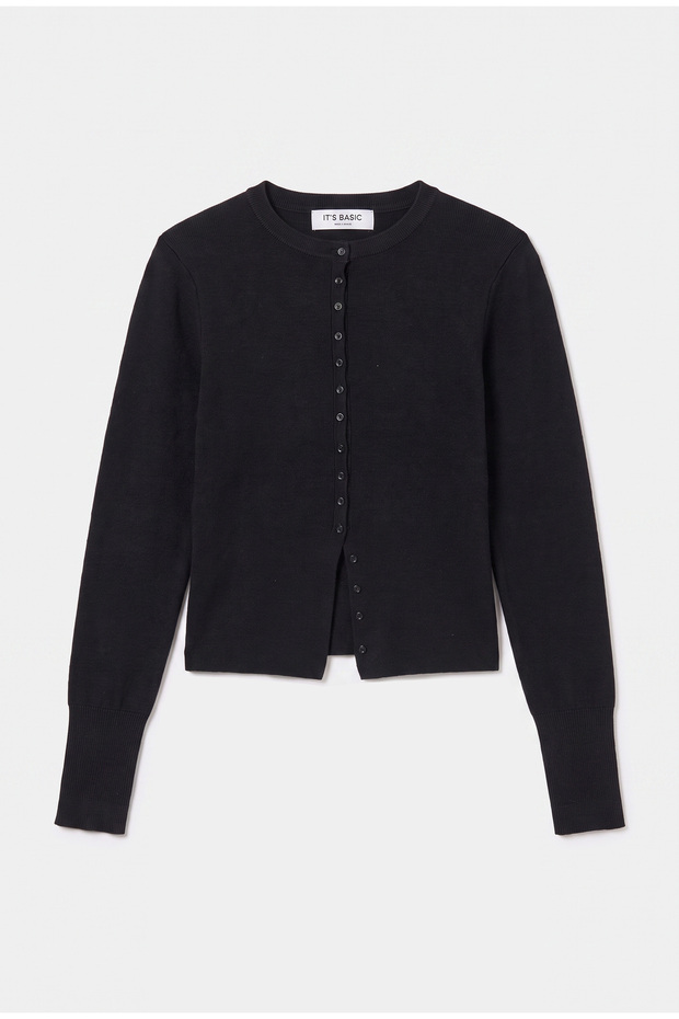Women's Black W6-1 Belt Length Flexible Fabric Buttoned Knitwear Cardigan