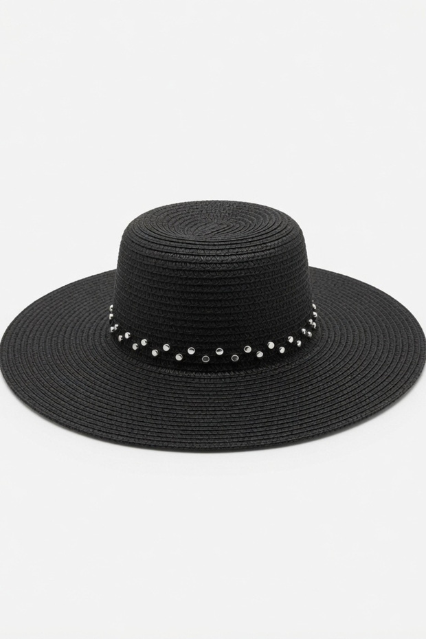 Women's Gift Straw Black Hat | Wide Brimmed Riveted Bohemian Design