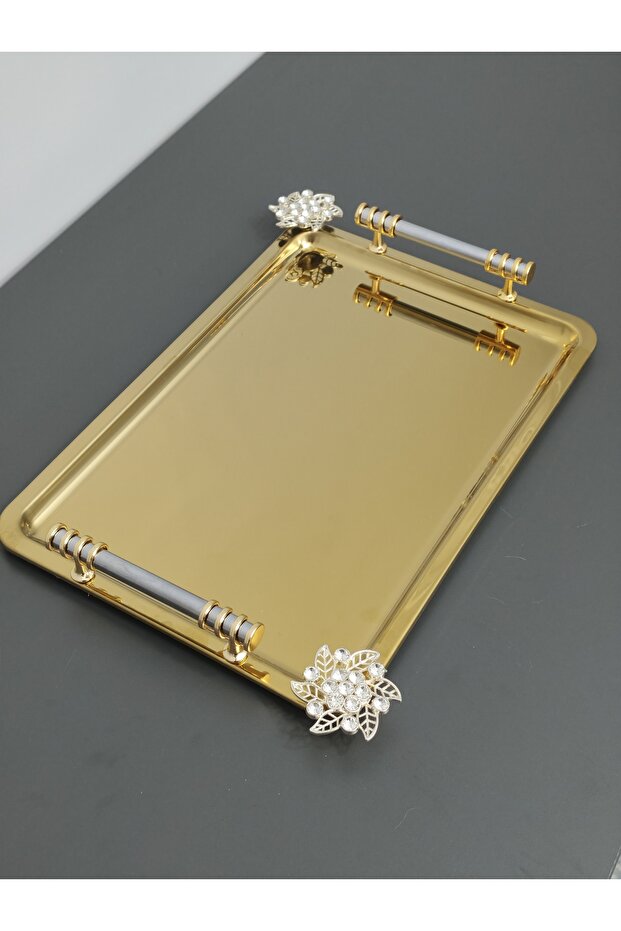 Figured, Metal-Handled, Stainless Steel Rectangular Tray Luxury Presentation Tray Light Gold-Silver