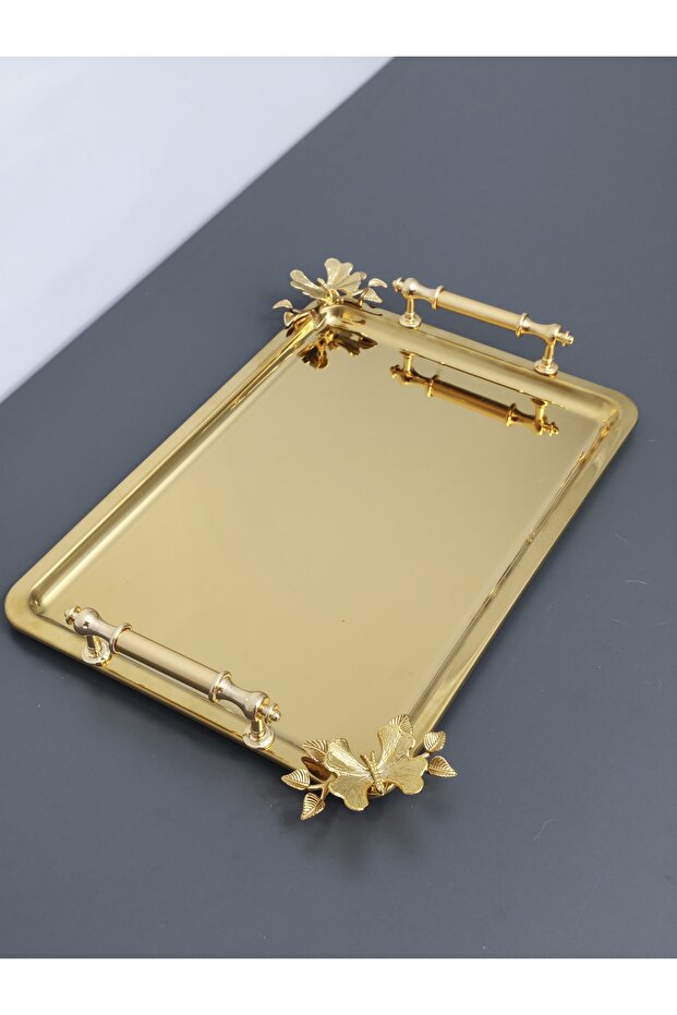 Figured, Metal-Handled, Stainless Steel Rectangular Tray Luxury Presentation Tray North Gold