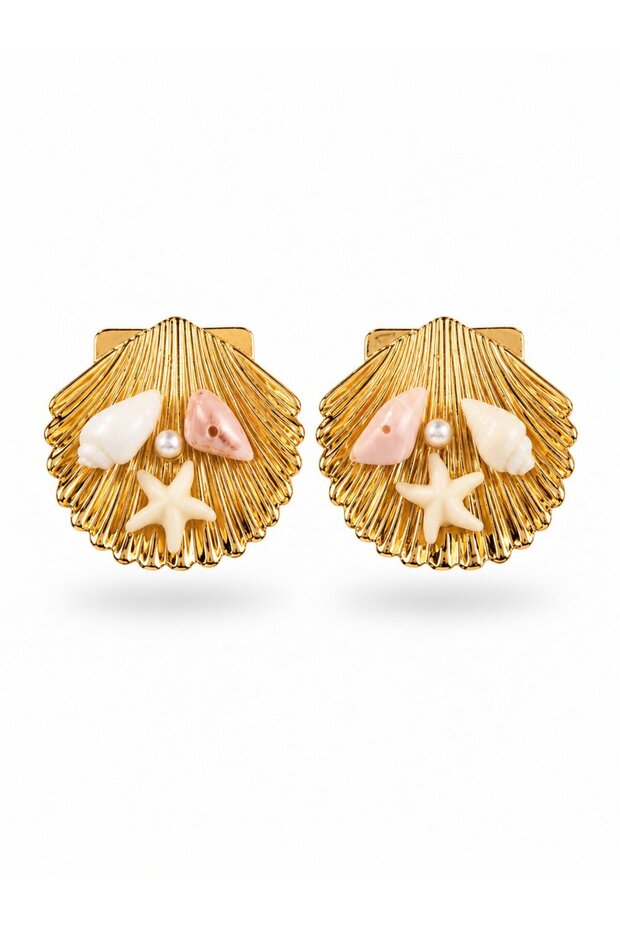 Gold Color Sea Shell Starfish and Pink Stone Detailed Earrings