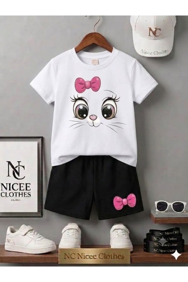 Summer Children's T-Shirt Shorts Unisex (Pink Ribbon Cat Face Printed)