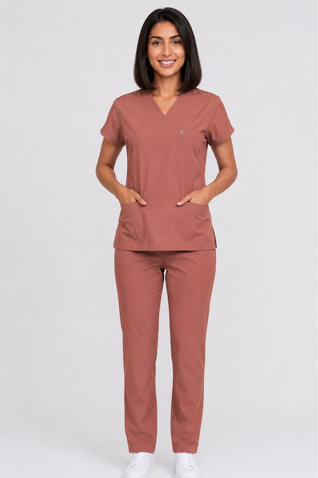 Women's V-Neck Bat Sleeve Biscuit, Mold Green, Turquoise Belinda Fabric Scrubs Set