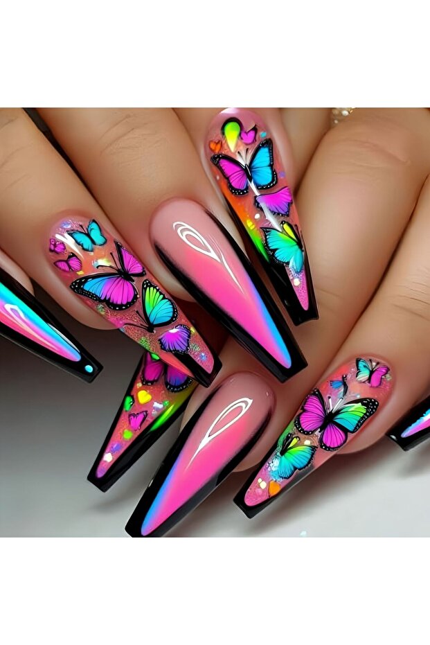 2528 Short Medium long fake nails for women Gradient purple Pink red flowers butterfly Y2K Square su