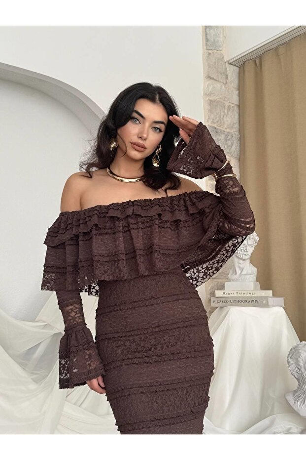 Women's Coffee Strapless Long Sleeve Flounced Lace Midi Bodycon Dress