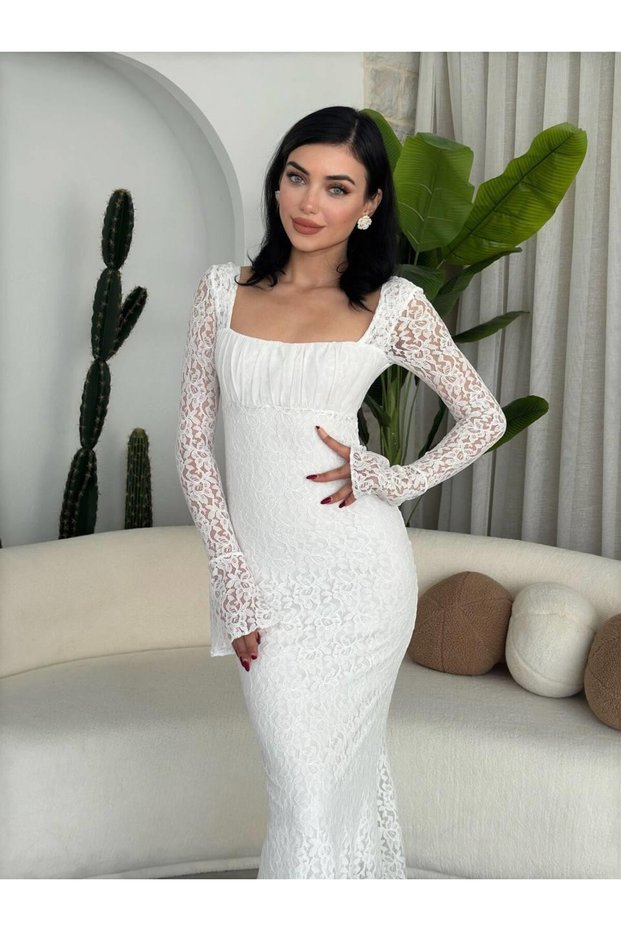 Women's White Midi Dress Square Neck Long Lace Sleeves Draped Evening Dress