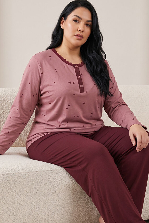 Dried Rose Patterned Buttoned Cotton Lycra Large Size Oversized Knitted Pajama Set26240947