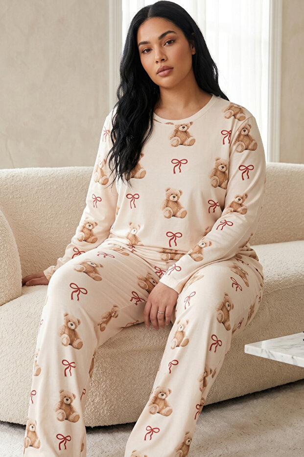 Ecru Patterned Cotton Lycra Large Size Oversized Knitted Pajama Set26240903